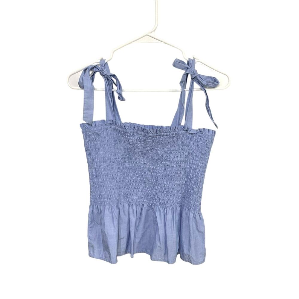 J. Crew Blue Smocked Tie-Shoulder Tank Top Size Small Peplum Ruffle